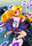  alcohol blonde_hair cuffs cup highres horn hoshiguma_yuugi long_hair red_eyes sakazuki sake solo touhou yo-chaosangel 