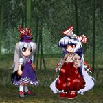  bamboo bamboo_forest bow fake_screenshot forest fujiwara_no_mokou hair_bow hands_in_pockets kamishirasawa_keine long_hair lowres multiple_girls nature non-web_source pixel_art purple_hair scarlet_weather_rhapsody silver_hair smile suspenders touhou very_long_hair white_hair 