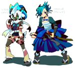  arm_warmers belt black_eyes blue_eyes blue_hair dark_skin futachimaru geta heels katana leg_warmers moemon open_mouth personification pokemon pokemon_(game) pokemon_black_and_white ribbon sarashi scarf shimama shorts simple_background tail vest white_hair yellow_eyes 