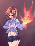  belt breasts brown_eyes brown_hair burning_hand cutoffs denim denim_shorts fighting_stance fingerless_gloves fire gloves medium_breasts midriff navel open_clothes open_shirt original saiste shirt short_hair short_shorts shorts sketch solo 