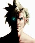  blonde_hair blue_eyes cloud_strife earrings final_fantasy final_fantasy_vii glowing glowing_eye glowing_eyes green_eyes jewelry male_focus realistic shadow simple_background solo spiked_hair tom_waterhouse 