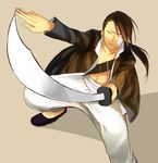  bad_id bad_pixiv_id bandages black_hair from_above fullmetal_alchemist hair_over_one_eye highres ling_yao male_focus ponytail pose solo sword weapon yellow_eyes yomimatigai 
