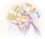  alice_margatroid arnest blonde_hair blue_eyes blush crescent hairband hat imminent_kiss multiple_girls open_mouth patchouli_knowledge purple_hair touhou yuri 