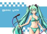  aqua_eyes bikini breasts cleavage front-tie_top green_eyes green_hair hatsune_miku long_hair medium_breasts microphone microphone_stand misa_(little_yoko) morse_code navel side-tie_bikini solo striped striped_bikini swimsuit twintails very_long_hair vocaloid 