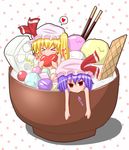  &gt;_&lt; blonde_hair blue_hair bowl candy closed_eyes fang flandre_scarlet food gin'you_haru hat heart ice_cream in_bowl in_container in_food minigirl multiple_girls nude pocky ponytail red_eyes remilia_scarlet short_hair siblings side_ponytail sisters spoken_heart touhou 