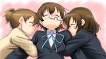  arm_hug brown_hair glasses highres hirasawa_ui hirasawa_yui k-on! lying manabe_nodoka multiple_girls okan ponytail school_uniform short_hair sleeping 