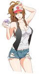  antenna_hair arm_up armpits bare_shoulders baseball_cap blue_eyes breasts brown_hair cleavage cutoffs denim denim_shorts exposed_pocket hat highres holding holding_poke_ball large_breasts long_hair master_ball older open_fly poke_ball pokemon pokemon_(game) pokemon_bw short_shorts shorts simple_background skindentation solo takase_(harakiri) tank_top torn_clothes touko_(pokemon) unbuttoned unzipped white_background 