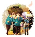  2boys bandana bird chibi chick kita_high_school_uniform koizumi_itsuki kyon multiple_boys nagato_yuki nc pot school_uniform serafuku suzumiya_haruhi_no_yuuutsu thighhighs 