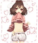  :3 animal_ears bad_id bad_pixiv_id bloomers blush breasts brown_hair bunny_ears dress dress_in_mouth dress_lift heart heart-shaped_pupils inaba_tewi looking_at_viewer mouth_hold naughty_face navel no_bra pink_eyes purin_jiisan short_hair small_breasts solo sweat symbol-shaped_pupils touhou underboob underwear 