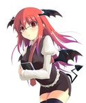  bat_wings bespectacled blush book demon_tail glasses head_wings highres holding holding_book koakuma long_hair miniskirt necktie red_eyes red_hair red_neckwear skirt solo tail thighhighs touhou wings yuu_(genkai77) zettai_ryouiki 