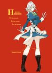  bad_id bad_pixiv_id between_fingers boots braid frills from_behind high_heels izayoi_sakuya kneepits knife looking_back maid maid_headdress red_background shoes short_hair silver_hair solo takaharu touhou twin_braids yellow_eyes 