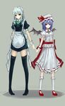  absurdres apron bad_id bad_pixiv_id bat_wings blue_hair bow braid dress hair_bow hat high_heels highres izayoi_sakuya kiwamu lace lace-trimmed_thighhighs maid maid_headdress multiple_girls red_eyes remilia_scarlet shoes short_sleeves thighhighs touhou twin_braids white_hair wings wrist_cuffs 