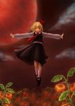  blonde_hair chinese_lantern_(plant) floating full_moon hair_ribbon kannazuki_(devilcode666) moon necktie night outstretched_arms red_eyes red_moon red_neckwear red_sky ribbon rumia short_hair sky solo spread_arms touhou 