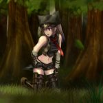  animal_hat bare_shoulders belt boots brown_hair cat_hat fantasy_earth_zero fingerless_gloves forest gloves grass hat kneeling kunai long_hair looking_back midriff nature necktie pobbin purple_eyes scout shorts sleeveless sleeveless_turtleneck solo thigh_boots thighhighs tree turtleneck vest weapon 