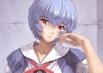  ayanami_rei blue_hair mogudan neon_genesis_evangelion red_eyes ribbon school_uniform short_hair solo 