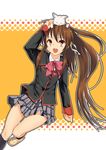  1girl animal animal_on_head bad_id bad_pixiv_id bow brown_hair cat cat_on_head lennon little_busters! long_hair natsume_rin on_head pink_bow plaid plaid_skirt ponytail red_eyes school_uniform skirt solo 