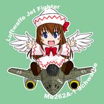  aircraft airplane blue_eyes brown_hair commentary dress hat jet lily_white long_hair lowres luftwaffe me_262 sakurato_tsuguhi solo touhou wings 