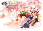  animal_ear_fluff animal_ears barefoot blonde_hair breasts brown_eyes brown_hair cat_ears cat_tail chen cleavage cleavage_cutout elbow_gloves fox_tail gloves hat highres legs mamuru medium_breasts multiple_girls multiple_tails short_hair surcoat tail touhou yakumo_ran yellow_eyes zoom_layer 