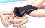  blonde_hair breasts brown_eyes competition_swimsuit covered_nipples hand_on_own_head highres kuri_(kurigohan) long_hair lying medium_breasts on_back one-piece_swimsuit original sideboob skin_tight solo speedo_(company) swimsuit wallpaper water 