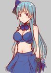  blue_hair bow breasts brown_eyes cleavage copyright_request earrings face gloves ha-ru hair_bow jewelry large_breasts long_hair midriff navel ribbon simple_background skirt smile solo 