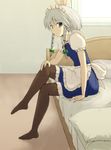  bad_id bad_pixiv_id black_legwear braid grey_eyes izayoi_sakuya legs maid maid_headdress pantyhose short_hair silver_hair solo touhou twin_braids uhhohho 