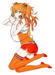  adapted_costume blue_eyes bra digital_media_player evangelion:_2.0_you_can_(not)_advance hair_ornament headphones highres lingerie long_hair neon_genesis_evangelion no_shoes orange_hair orange_legwear rebuild_of_evangelion see-through shikinami_asuka_langley shorts simple_background solo souryuu_asuka_langley takase_(harakiri) thighhighs underwear 