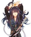  black_eyes black_hair bracelet flower jewelry long_hair lying male_focus oka_(a.m.) smile solo sword tales_of_(series) tales_of_vesperia weapon white_background yuri_lowell 