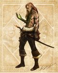  artist_request boots claws jewelry long_hair male_focus muscle mutation necklace original pants pirate sad shirtless skull solo sword tattoo weapon 
