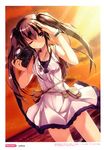  absurdres bare_shoulders belt_pouch brown_eyes brown_hair camera dress dutch_angle highres jewelry long_hair necklace non-web_source ocean one_eye_closed original pouch refeia solo sunset twintails watch wristwatch 