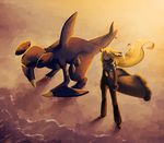  aonik beach blonde_hair coat garchomp gen_4_pokemon hair_ornament long_hair pokemon pokemon_(creature) pokemon_(game) pokemon_dppt sand scarf shirona_(pokemon) sunset water yellow_eyes 