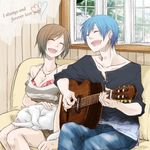  1girl acoustic_guitar bad_id bad_pixiv_id bare_shoulders blue_hair breasts brown_hair cat cleavage closed_eyes couch couple daico english guitar happy hetero instrument kaito large_breasts meiko short_hair shorts sitting smile vocaloid 