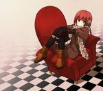  chair checkered checkered_floor darker_than_black earmuffs fashion green_eyes moccasins pantyhose ponytail red_hair sabo_(fuya_2) sitting sitting_sideways solo suou_pavlichenko 