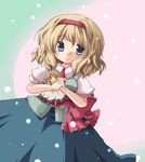 alice_margatroid blonde_hair blue_eyes character_doll doll doll_hug futami_yayoi hairband hands_clasped kirisame_marisa looking_at_viewer own_hands_together smile solo touhou 