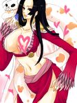  amazon black_hair boa_hancock breasts cape cleavage earrings hand_on_hip heart jewelry large_breasts long_hair navel one_piece salome_(one_piece) skull snake 