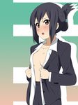  alternate_hairstyle black_hair blush breasts brown_eyes business_suit face formal ikari_manatsu k-on! md5_mismatch medium_breasts nakano_azusa no_bra older open_clothes open_shirt shirt solo suit sweat 