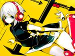  android beatmania green_eyes headphones mutsutake short_hair solo white_hair yellow_background 