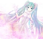  anko_kinako aqua_eyes aqua_hair bad_id bad_pixiv_id bare_shoulders blue_eyes bow dress gloves hair_bow hatsune_miku long_hair necktie sidelocks solo strapless strapless_dress twintails very_long_hair vocaloid waving 