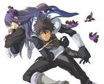  armor ayumiso black_eyes black_hair boots bracelet carrying carrying_over_shoulder damuron_atomaisu gloves green_eyes grey_footwear jewelry knee_boots long_hair male_focus multiple_boys ponytail raven_(tales) tales_of_(series) tales_of_vesperia white_background yuri_lowell 