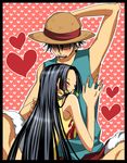  1girl amazon black_hair blush boa_hancock chiroru_shimai couple earrings happy hat heart hetero jewelry long_hair monkey_d_luffy one_piece scar straw_hat 