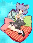  animal_ears capelet cheese eating food grey_hair jpeg_artifacts mary_janes masuyama_kei mouse mouse_ears mouse_tail nazrin pillow red_eyes shoes solo tail touhou 