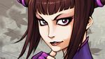  bangs black_hair blunt_bangs close-up drill_hair face finger_to_face freideugoi gloves han_juri highres leaf looking_at_viewer parted_lips purple_eyes short_hair smile solo street_fighter twin_drills 