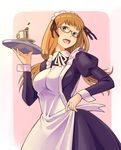  apron bowieknife breasts brown_hair coffee cup glasses large_breasts long_hair maid maid_headdress ribbon smile solo soredemo_machi_wa_mawatteiru tatsuno_toshiko tray uniform waitress 