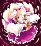  animal_ears ascot blonde_hair bow cosplay detached_sleeves eyebrows fox_ears fox_mask fox_tail hair_bow hair_tubes hakurei_reimu hakurei_reimu_(cosplay) highres mask multiple_tails ofuda one_eye_closed short_hair slit_pupils so3fans solo tail thick_eyebrows touhou yakumo_ran yellow_eyes yume_shokunin 