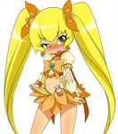  92kuni92 bad_id bad_pixiv_id blonde_hair blush bow choker cure_sunshine eyelashes heartcatch_precure! highres long_hair magical_girl midriff myoudouin_itsuki navel orange_(color) orange_bow orange_choker orange_skirt precure skirt smile solo twintails very_long_hair white_background yellow_bow yellow_eyes 