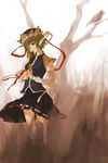  bare_tree bird blue_eyes brown crow green_hair hat highres nishio rod_of_remorse shiki_eiki short_hair silhouette skirt solo touhou tree 