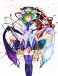  balance_scale blue_eyes green_hair hat shiki_eiki silentdin smile solo thighhighs touhou weighing_scale zettai_ryouiki 