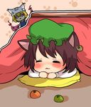  :&lt; animal_ears bad_id bad_pixiv_id brown_hair cat_ears chen closed_eyes earrings gap hat jewelry kotatsu multiple_girls pun2 sleeping table touhou yakumo_ran 