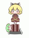  2girls :&lt; :d animated animated_gif blonde_hair blush blush_stickers bow bucket chibi green_hair hair_bow in_bucket in_container kisume kurodani_yamame maitora multiple_girls open_mouth running short_hair smile spinning touhou treadmill twintails wooden_bucket 