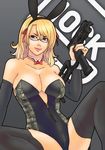  alva animal_ears bare_shoulders blonde_hair bow bowtie breasts bunny_ears bunnysuit cleavage earrings glasses glock gun hair_bow handgun highres jewelry large_breasts nail_polish original pink_nails pistol solo thighhighs tongue unzipped weapon 