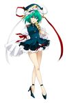  aqua_eyes bad_id bad_pixiv_id full_body green_hair high_heels legs machiko_(beard) miniskirt rod_of_remorse shiki_eiki shoes simple_background skirt solo standing touhou white_background 